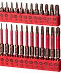 Torx Bit Set 25 PC With Security Tamper Resistant Star Bits T5 To T40 with red holders showing S2 alloy steel bits.