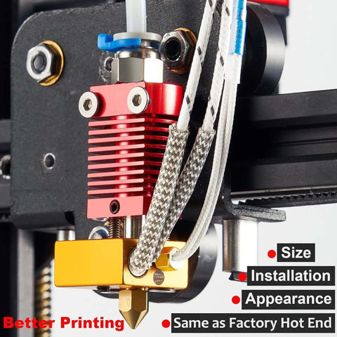Ender 3 Hotend Upgrade Kit with M3 Stud Thermistor installed on Creality 3D printer, showing plug-and-play connection features.