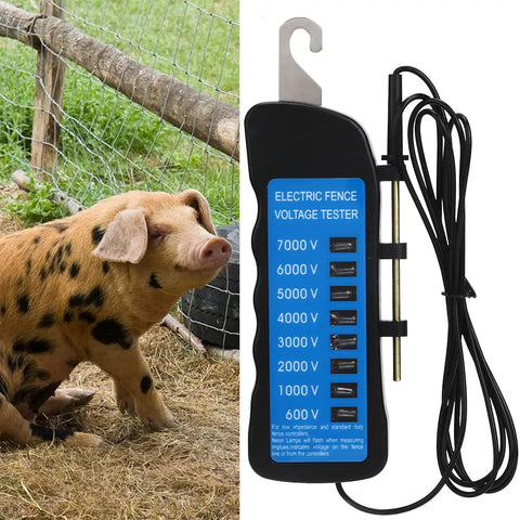 Ranch Ready Heavy Duty Electric Fence Voltage Tester Highlighting Eight Bright Neon Readings From 600 To 7000 Volts next to a pig in a farm setting.