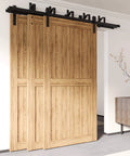 Triple Track Bypass Sliding Barn Door Hardware Kit For Interior Doors, Three 9 Foot Flat Tracks, installed view, wood doors