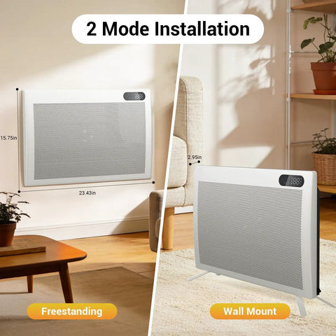 1500W Smart Space Heater With Thermostat, Remote Control And Timer, Safety Lock, Fast Heat For Home Workshop Or Garage, Heats Up To 300 Sq Ft With Convection And Radiant Hot Air, shown with freestanding and wall mount installation options.