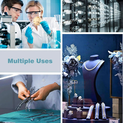 Collage showing lab technicians, eyeglass display, jewelry sets, and dental tools highlighting Pro Ultrasonic Jewelry Cleaner uses