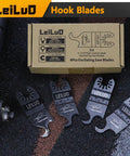 Six-Piece Oscillating Tool Hook Knife Blade Set for carpet, roof shingles, soft materials with storage bag displayed on surface