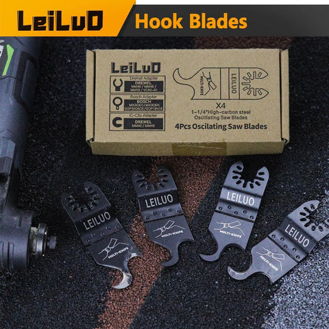 Six-Piece Oscillating Tool Hook Knife Blade Set for carpet, roof shingles, soft materials with storage bag displayed on surface