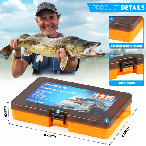 Man holding fish next to All In One Fishing Lure Kit With 137 Piece Tackle Box Included Crankbaits Spoons Hooks Weights And More Freshwater Bass Gear