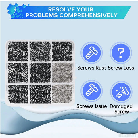 Full Complete Black Screw Replacement Kit For Samsung Galaxy Cellphones And Smartphones Hardware Repair Set shown in a compartmentalized tray.