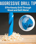 Heavy Duty High Speed Steel Flexible Bellhanger Drill Bit With Built In Wire Pulling Holes Designed To Navigate Tight Corners Makes Knotty Wood And Tough Metal A Breeze Contractors Swear By This Tool 3/8 X 72 close-up of aggressive drill tip and wood shavings.