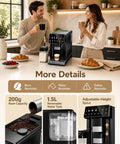 Fully Automatic Espresso Machine With Built In Grinder And Integrated Milk Frother shown on kitchen counter with milk and pastries.