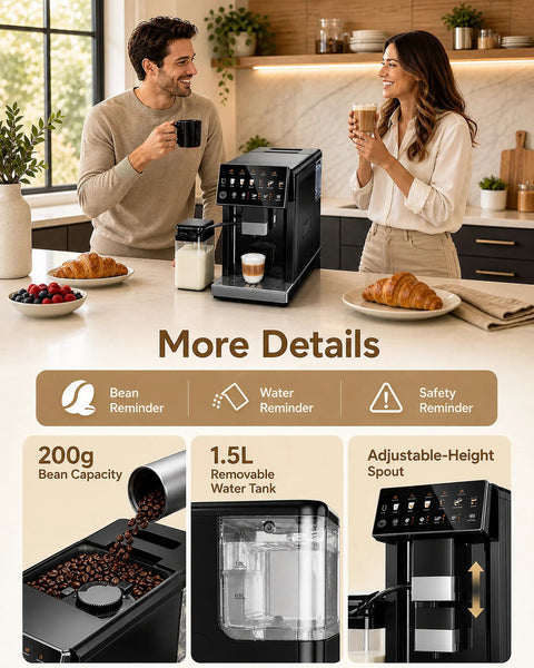 Fully Automatic Espresso Machine With Built In Grinder And Integrated Milk Frother shown on kitchen counter with milk and pastries.