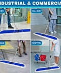 Pro Level Commercial Dust Mop Featuring A Telescopic Stainless Handle And Hella Absorbent Blue Cotton Pad For Quick Floor Sweep in office, hallway, warehouse, and hospital settings.