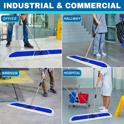 Pro Level Commercial Dust Mop Featuring A Telescopic Stainless Handle And Hella Absorbent Blue Cotton Pad For Quick Floor Sweep in office, hallway, warehouse, and hospital settings.