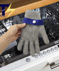 Level 9 ANSI A9 Beefy Cut Resistant Gloves with Stainless Steel Mesh and Metal Wire Construction for Meat Processing and Food Prep Heavy Duty Rustproof Hand Protection Medium Size, shown over a dishwasher