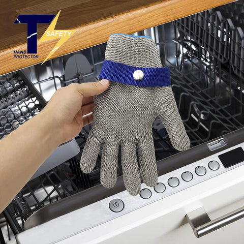 Level 9 ANSI A9 Beefy Cut Resistant Gloves with Stainless Steel Mesh and Metal Wire Construction for Meat Processing and Food Prep Heavy Duty Rustproof Hand Protection Medium Size, shown over a dishwasher