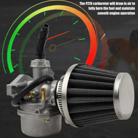 PZ19 19mm Carburetor Kit With Air Fuel Filter for ATVs and Dirt Bikes next to speedometer graphic