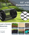24 Inch Lawn Compost Spreader and Lawn Roller with mesh showing fertilizer, peat moss, and topsoil spreading capacity