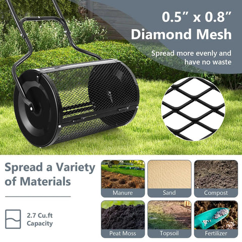 24 Inch Lawn Compost Spreader and Lawn Roller with mesh showing fertilizer, peat moss, and topsoil spreading capacity