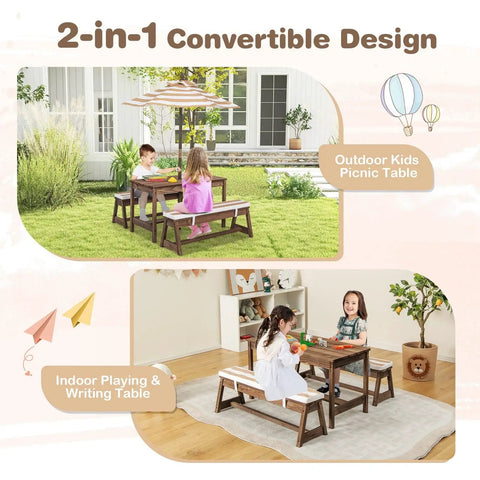 Outdoor Kids Picnic Table Set With Cushioned Benches And Umbrella in garden, and as indoor play table; 2-in-1 design.