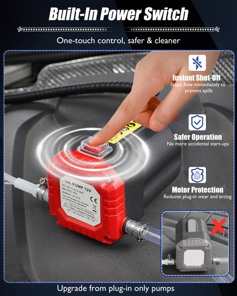 Close-up view of the 12V 80W Oil Extractor Pump with built-in power switch for spill-free oil changes on engines.
