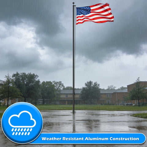 20 Ft Aluminum Flag Pole Kit With Black Ball Topper And 3x5 Embroidered US Flag in rain, showcasing weatherproof construction