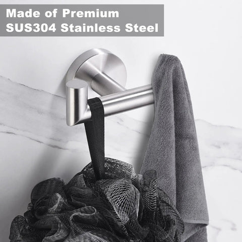 Built To Last Heavy Duty Towel Hooks For Bathrooms And Kitchens Brushed Nickel SUS304 Stainless Steel Coat And Robe Hooks Double Wall Mount Holder with towel and sponge visible
