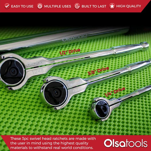 Swivel Head Ratchet Wrench Set 3 Piece Chrome Vanadium Steel 270 Degree Rotation For Tight Spaces lay on green surface
