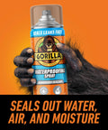 A can of Gorilla waterproofing spray with a gorilla hand, showcasing Clear Rubberized Waterproof Sealant Spray 14 Ounce That Seals Out Water Air And Moisture With Flexible Self Leveling Coating And Easy To Use Spray Pattern For Quick Durable Leak Free Results.