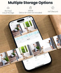 Smartphone showing 2K Indoor Security Camera System Dual Pack With 360 Degree Pan Tilt AI Tracking Night Vision 2 Way Audio app interface.