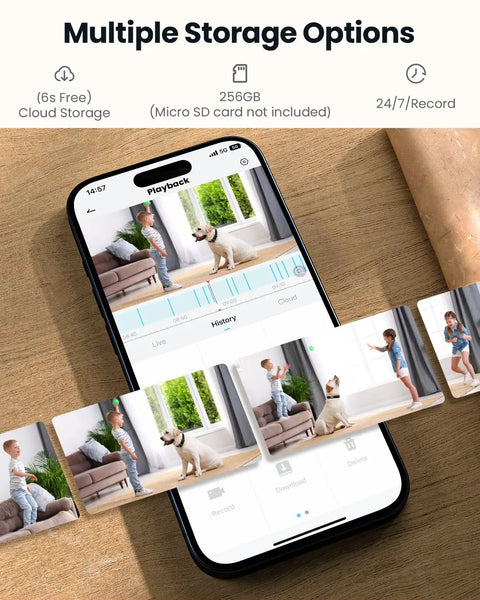 Smartphone showing 2K Indoor Security Camera System Dual Pack With 360 Degree Pan Tilt AI Tracking Night Vision 2 Way Audio app interface.