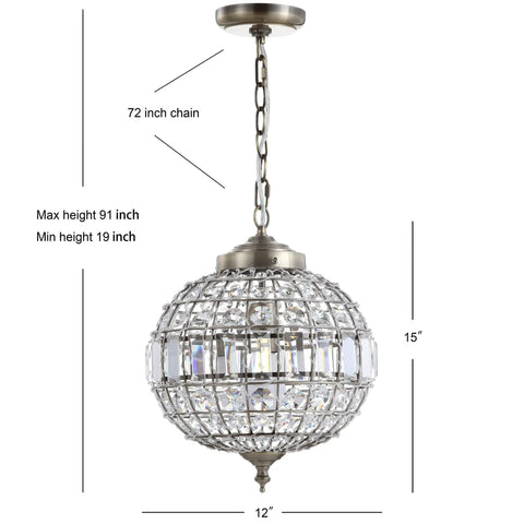 Antique Brass Crystal LED Pendant Light For Kitchen And Dining Room Glam Globe Chandelier With Clear Crystal Shade Dope Modern Ceiling Lamp For Entryway And Hallway Energy Saving LED Bulbs Included, 72 inch chain, dimensions shown