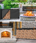Heavy Duty Outdoor Firewood Rack With Weatherproof Cover Iron Wood Storage Rack For Backyard Or Patio Eight Foot Long Firewood Holder With Waterproof 600D Oxford Fabric Cover And Rust Resistant Finish showing opening options, partial and fully open, near fire pit and fireplace.