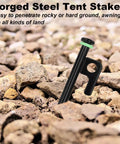 Heavy Duty Tent Stake Set 20 Pcs 16 Inch Forged Steel Stakes 0.35 Inch Diameter shown on rocky ground