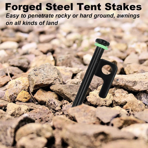 Heavy Duty Tent Stake Set 20 Pcs 16 Inch Forged Steel Stakes 0.35 Inch Diameter shown on rocky ground
