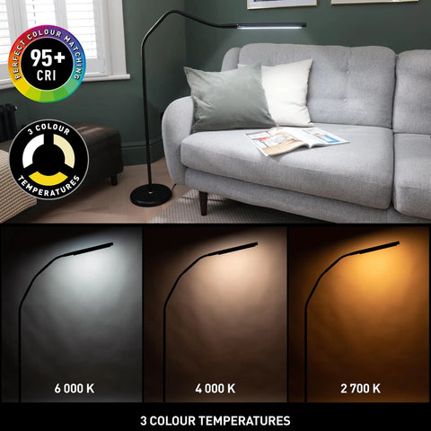 Electra Floor Lamp With Adjustable Color Temperature From Bright White To Cool To Warm Modern Black Standing Light For Living Room Or Home Office Set The Right Mood And Vibe With Everyday Versatile Mood Lighting For Any Task shown with 3 color temperatures next to a sofa.