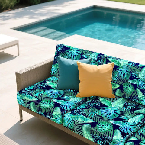 Palm Leaves Patio Cushion Covers Set 8 Pieces Stretch Outdoor Slipcovers For Cushions 20 To 27 Inches on poolside sofa.