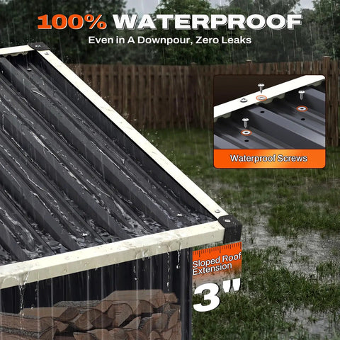 Close-up of Compact 5X3 Foot Metal Garden Tool Shed That Is Super Handy With 2 Way Sloping Roof And 28 Inch Wide Lockable Door Waterproof Galvanized Steel For Backyard Patio Or Lawn Storage, showcasing waterproof sloped roof in rain.