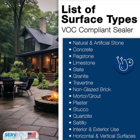 List of surface types for Heavy Duty Concrete Paver Sealer Providing Dope Clear Gloss Finish On Outdoor Stone Surfaces.