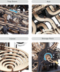 Close-up of 3D Wooden Marble Run Puzzle Kit For Adults featuring trap doors, rail, funnel, and storage rack details.