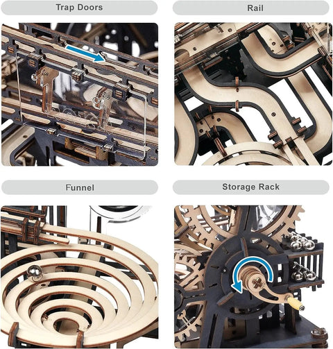 Close-up of 3D Wooden Marble Run Puzzle Kit For Adults featuring trap doors, rail, funnel, and storage rack details.