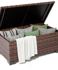 Open Outdoor Storage Table For Patio Coffee Table All Weather Wicker With Waterproof Cover Rattan Furniture showing storage space with pillows.