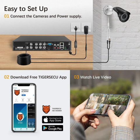 Setup guide for 8 Channel 1080P Hybrid DVR Security Recorder With 2TB Hard Drive, diagram and app usage demonstration