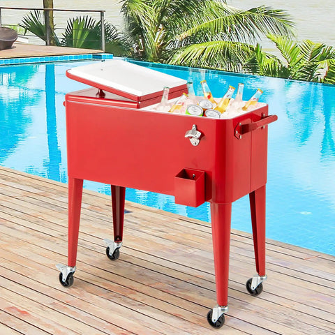 80 Quart Rolling Cooler Cart With Lockable Wheels Bottle Opener Cap Catcher For Outdoor Parties Poolside Backyard Barbecues And Easy Move Beer Beverages Ice Chest shown by a pool