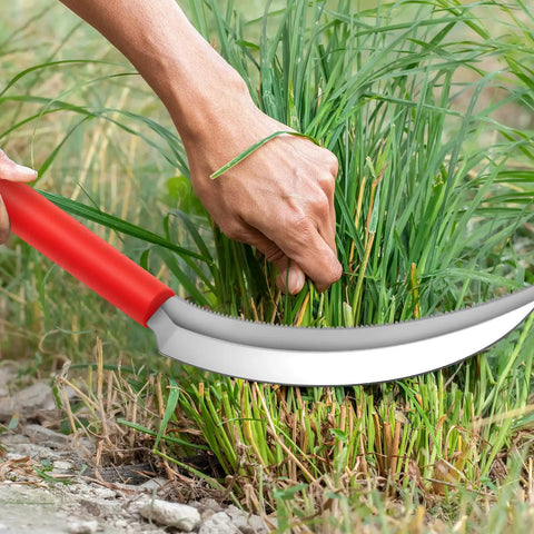 Person using 2 Pack Harvest Sickle With Plastic Handles, Sawtooth 6.5 Inch Stainless Steel Blade, Japanese Weeding Hoe for yard work, orange handle