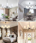 5 Light Modern Chandelier With White Fabric Shades, Sleek Black Dope Ceiling Pendant in dining, living, bedroom, and hallway.