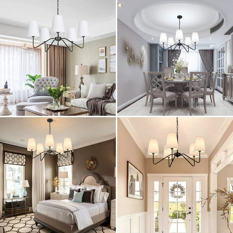 5 Light Modern Chandelier With White Fabric Shades, Sleek Black Dope Ceiling Pendant in dining, living, bedroom, and hallway.