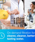 Three images showing fruit washing, cooking, and a woman drinking, highlighting clean water benefits with Undersink Reverse Osmosis Membrane Cartridge ROM413 for Clean Drinking Water, Reduces Arsenic, Barium, Cadmium, Chromium, Copper, Cysts, Fluoride, Radium, Selenium, TDS and Turbidity, Sanitary Quick Change SQC, Slim Space Saving Design.