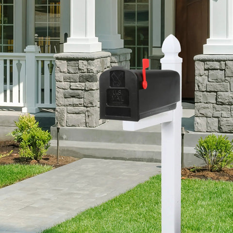 Rust-Proof Plastic Post Mounted Mailbox For Outdoor Use In Black, Medium Curbside Style, USPS Approved For Residential Delivery