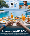 Person enjoying breakfast by pool with C110 Plus Action Camera 4K Video With Gyro Stabilization And Audio Recording For Vloggers.