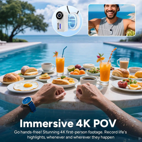 Person enjoying breakfast by pool with C110 Plus Action Camera 4K Video With Gyro Stabilization And Audio Recording For Vloggers.