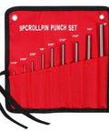 Roll Pin Punch Set With Storage Pouch, 9 Piece Steel Removal Tool Kit For Jewelry And General Repairs, red pouch open
