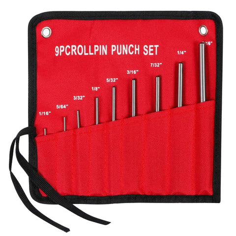 Roll Pin Punch Set With Storage Pouch, 9 Piece Steel Removal Tool Kit For Jewelry And General Repairs, red pouch open